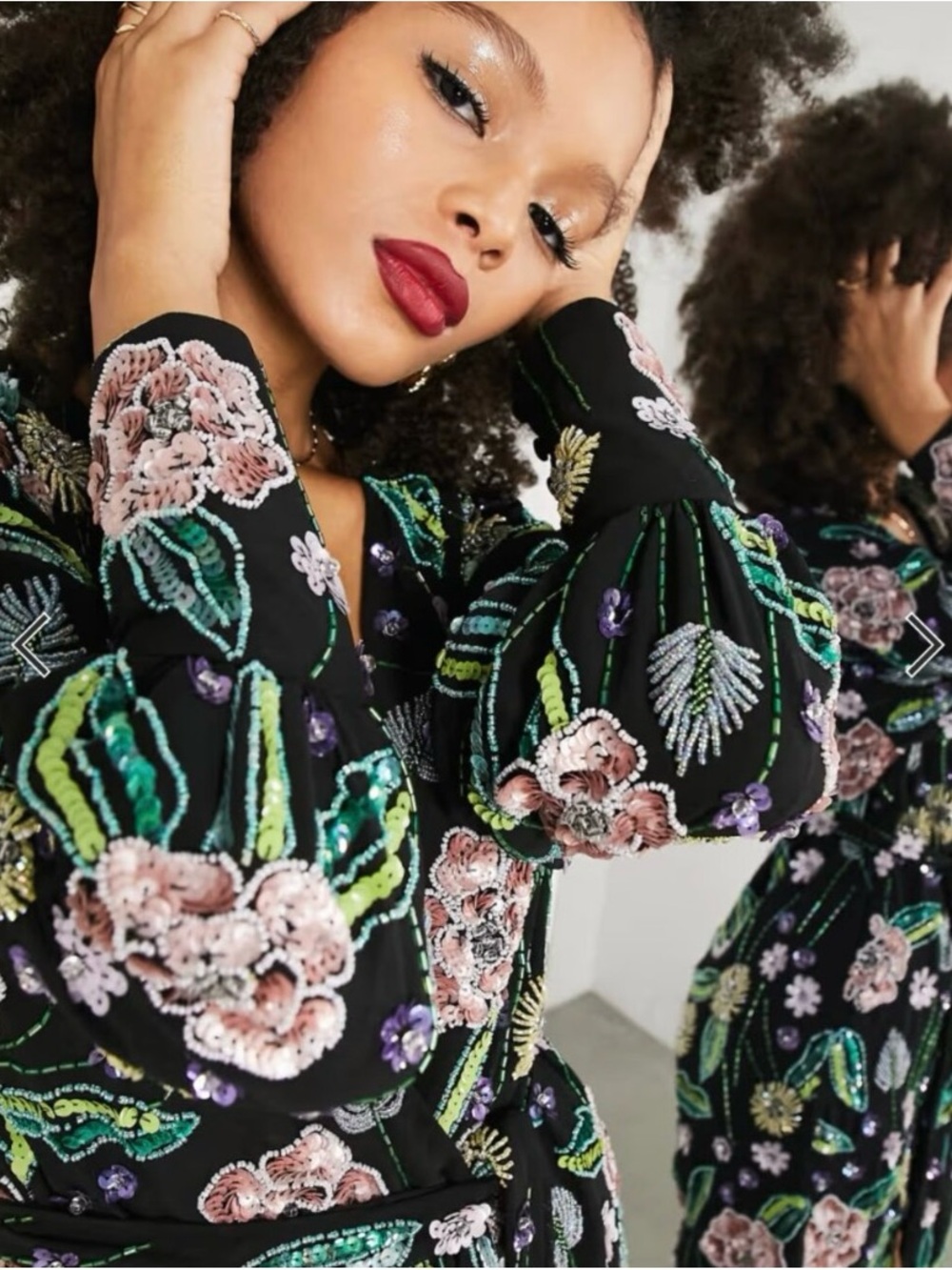 ASOS Beaded/Embellished Black Floral Wrap Mini Dress - Picture 4 of 11